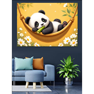 Bambu Ve Mutlu Panda Dekoratif Kanvas - Mdf Ahşap Tablo 70x100 cm