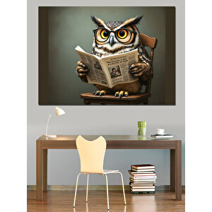 Gazete Okuyan Akıllı Baykuş Dekoratif Kanvas - Mdf Ahşap Tablo 50x70 cm