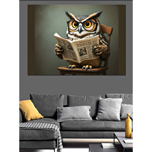 Gazete Okuyan Akıllı Baykuş Dekoratif Kanvas - Mdf Ahşap Tablo 50x70 cm