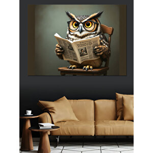 Gazete Okuyan Akıllı Baykuş Dekoratif Kanvas - Mdf Ahşap Tablo 50x70 cm