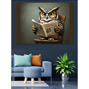 Gazete Okuyan Akıllı Baykuş Dekoratif Kanvas - Mdf Ahşap Tablo