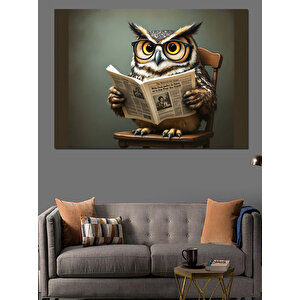 Gazete Okuyan Akıllı Baykuş Dekoratif Kanvas - Mdf Ahşap Tablo