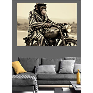 Motorsikletli Şık Maymun Dekoratif Kanvas - Mdf Ahşap Tablo