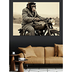 Motorsikletli Şık Maymun Dekoratif Kanvas - Mdf Ahşap Tablo