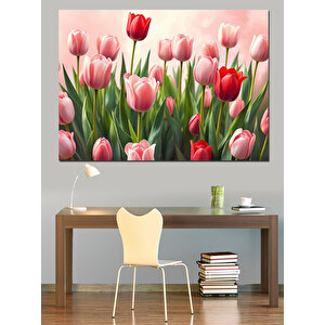 Pembe Lale Bahar Havası Dekoratif Kanvas - Mdf Ahşap Tablo 100x140 cm