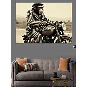 Motorsikletli Şık Maymun Dekoratif Kanvas - Mdf Ahşap Tablo 100x140 cm