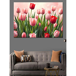 Pembe Lale Bahar Havası Dekoratif Kanvas - Mdf Ahşap Tablo 70x100 cm