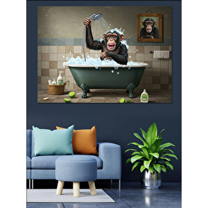 Küvette Kahkaha Atan Maymun Dekoratif Kanvas - Mdf Ahşap Tablo 50x70 cm