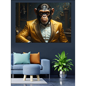 Altın Takımlı Maymun Dekoratif Kanvas - Mdf Ahşap Tablo 70x100 cm