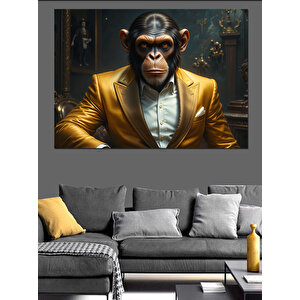 Altın Takımlı Maymun Dekoratif Kanvas - Mdf Ahşap Tablo