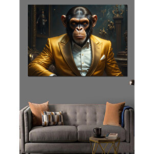 Altın Takımlı Maymun Dekoratif Kanvas - Mdf Ahşap Tablo 100x140 cm