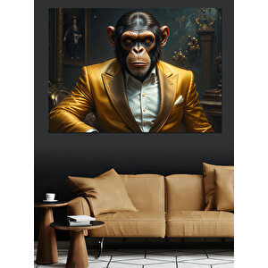Altın Takımlı Maymun Dekoratif Kanvas - Mdf Ahşap Tablo