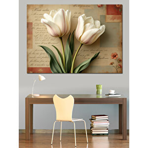 Beyaz Laleler Ve Mektup Dekoratif Kanvas - Mdf Ahşap Tablo 50x70 cm