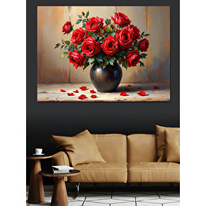 Kırmızı Güllü Siyah Vazo Dekoratif Kanvas - Mdf Ahşap Tablo 50x70 cm
