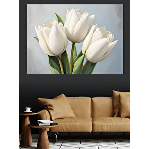 Beyaz Zarif Laleler Dekoratif Kanvas - Mdf Ahşap Tablo 70x100 cm