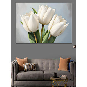 Beyaz Zarif Laleler Dekoratif Kanvas - Mdf Ahşap Tablo 70x100 cm