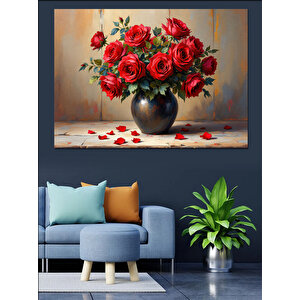 Kırmızı Güllü Siyah Vazo Dekoratif Kanvas - Mdf Ahşap Tablo 70x100 cm
