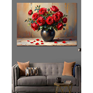 Kırmızı Güllü Siyah Vazo Dekoratif Kanvas - Mdf Ahşap Tablo 70x100 cm