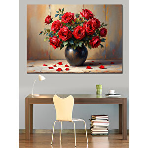 Kırmızı Güllü Siyah Vazo Dekoratif Kanvas - Mdf Ahşap Tablo