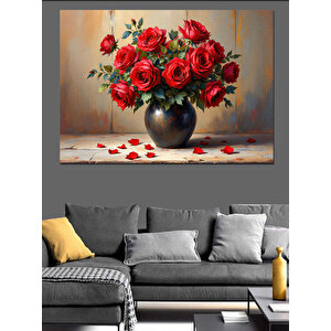 Kırmızı Güllü Siyah Vazo Dekoratif Kanvas - Mdf Ahşap Tablo