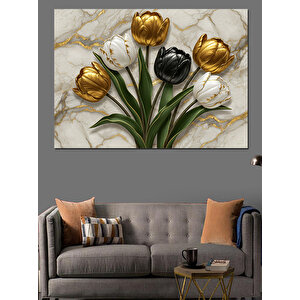 Altın Siyah Lale Kompozisyonu Dekoratif Kanvas - Mdf Ahşap Tablo 70x100 cm