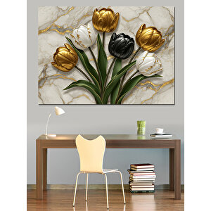 Altın Siyah Lale Kompozisyonu Dekoratif Kanvas - Mdf Ahşap Tablo 70x100 cm