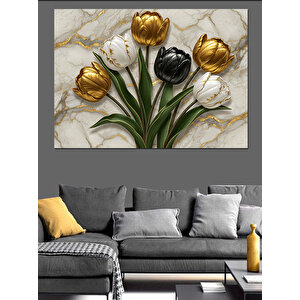 Altın Siyah Lale Kompozisyonu Dekoratif Kanvas - Mdf Ahşap Tablo 70x100 cm