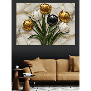 Altın Siyah Lale Kompozisyonu Dekoratif Kanvas - Mdf Ahşap Tablo