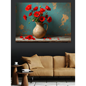Gelincik Dolu Vazo Dekoratif Kanvas - Mdf Ahşap Tablo 50x70 cm