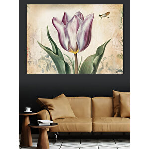 Eski Kağıtta Mor Lale Dekoratif Kanvas - Mdf Ahşap Tablo