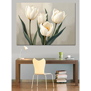 Minimal Beyaz Lale Vazosu Dekoratif Kanvas - Mdf Ahşap Tablo 70x100 cm