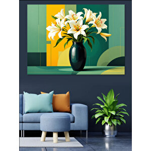 Yeşil Vazoda Zambaklar Dekoratif Kanvas - Mdf Ahşap Tablo 100x140 cm