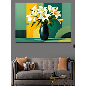 Yeşil Vazoda Zambaklar Dekoratif Kanvas - Mdf Ahşap Tablo 100x140 cm