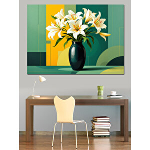 Yeşil Vazoda Zambaklar Dekoratif Kanvas - Mdf Ahşap Tablo 100x140 cm
