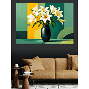 Yeşil Vazoda Zambaklar Dekoratif Kanvas - Mdf Ahşap Tablo