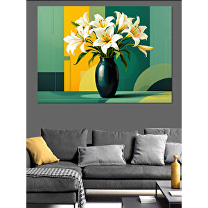 Yeşil Vazoda Zambaklar Dekoratif Kanvas - Mdf Ahşap Tablo