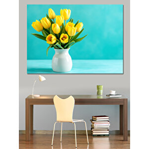 Mavi Fonda Sarı Laleler Dekoratif Kanvas - Mdf Ahşap Tablo
