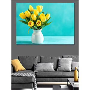 Mavi Fonda Sarı Laleler Dekoratif Kanvas - Mdf Ahşap Tablo