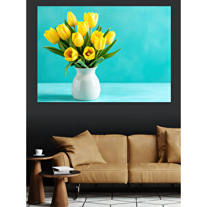 Mavi Fonda Sarı Laleler Dekoratif Kanvas - Mdf Ahşap Tablo 100x140 cm