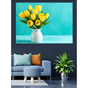 Mavi Fonda Sarı Laleler Dekoratif Kanvas - Mdf Ahşap Tablo 100x140 cm