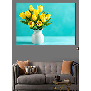 Mavi Fonda Sarı Laleler Dekoratif Kanvas - Mdf Ahşap Tablo 100x140 cm