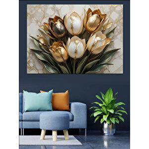 Altın Beyaz Lale Aranjmanı Dekoratif Kanvas - Mdf Ahşap Tablo 70x100 cm