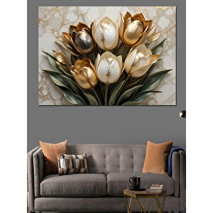 Altın Beyaz Lale Aranjmanı Dekoratif Kanvas - Mdf Ahşap Tablo 70x100 cm