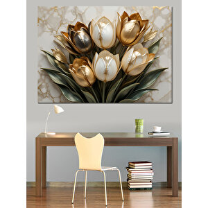 Altın Beyaz Lale Aranjmanı Dekoratif Kanvas - Mdf Ahşap Tablo 70x100 cm