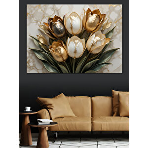 Altın Beyaz Lale Aranjmanı Dekoratif Kanvas - Mdf Ahşap Tablo