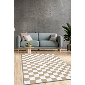 Bej Beyaz Damalı Halı Mutfak Halısı Kareli Oturma Odası Halısı Retro Tarzı Salon Halısı 120x180 cm