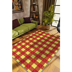 Ekose Desenli Halı Sarı Kırmızı Renk Salon Halısı Tasarım Halı Hasır Görünümlü Ekose Halı 100x150 cm