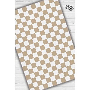 Bej Beyaz Damalı Halı Mutfak Halısı Kareli Oturma Odası Halısı Retro Tarzı Salon Halısı 100x150 cm
