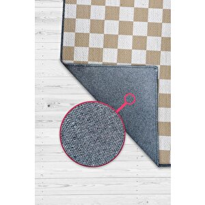 Bej Beyaz Damalı Halı Mutfak Halısı Kareli Oturma Odası Halısı Retro Tarzı Salon Halısı 100x150 cm