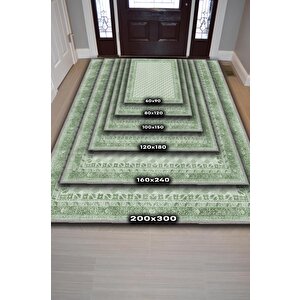 Etnik Desenli Yeşil Renkli Halı Vintage Bordürlü Halı Geometrik Desenli Dijital Baskı Halı 80x120 cm